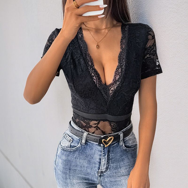 Women's Clothing Dinner Party Lace Short Sleeved V Neck Lace Sexy Jumpsuit_ecoleips.com