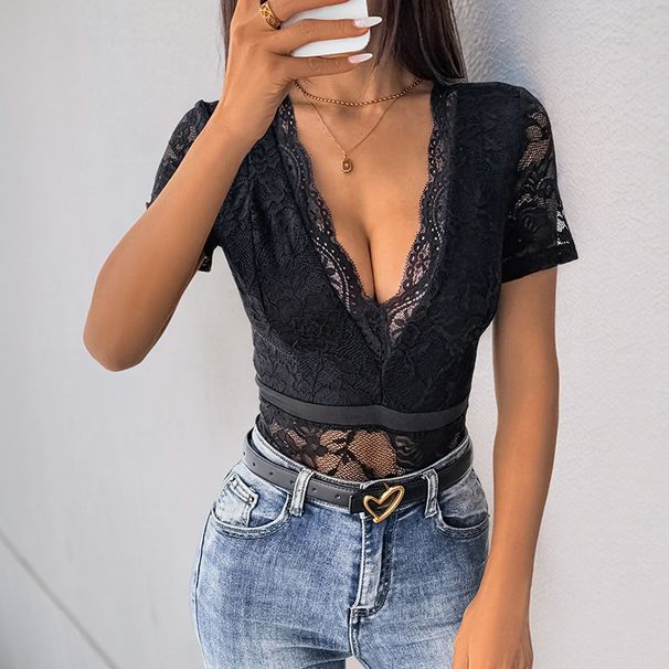 Women's Clothing Dinner Party Lace Short Sleeved V Neck Lace Sexy Jumpsuit_ecoleips.com