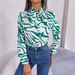 Real Shot Of 2026 Spring/Summer Elegant Color-blocked Striped Tie-waist Lantern Sleeve Chiffon Blouse. Independent_ecoleips.com