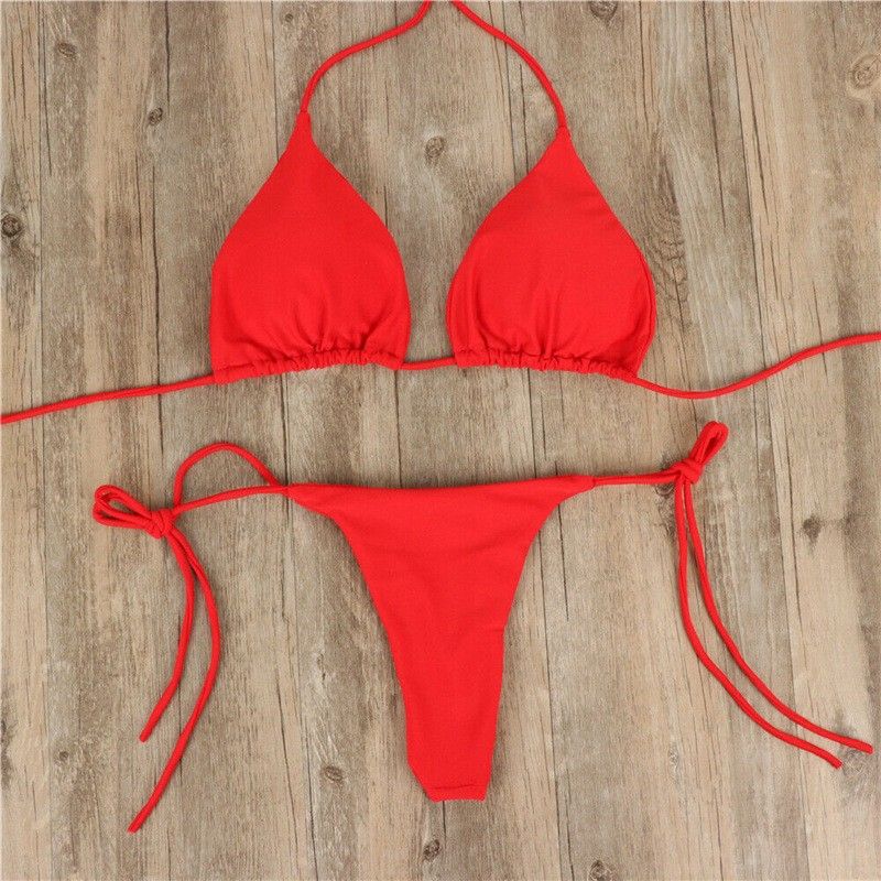 Women's Clothing Halter Neck Solid Color Three Point Bikini Sexy Swimsuit Split Straps Adjustable Multi Color Swimsuit_ecoleips.com