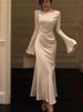 Elegant Bell-Sleeve Maxi Dress – Stretchy Acetate Evening Gown With Fishtail Hem (White/Black/Coffee/Mint Green, S-XL, 95% Acetate, Slinky Drape)_ecoleips.com