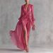 Women's Clothing Women's V Neck Dress Slit Waist Cinching Long Sleeve Flowy Solid Color For Formal & Casual For Women_ecoleips.com