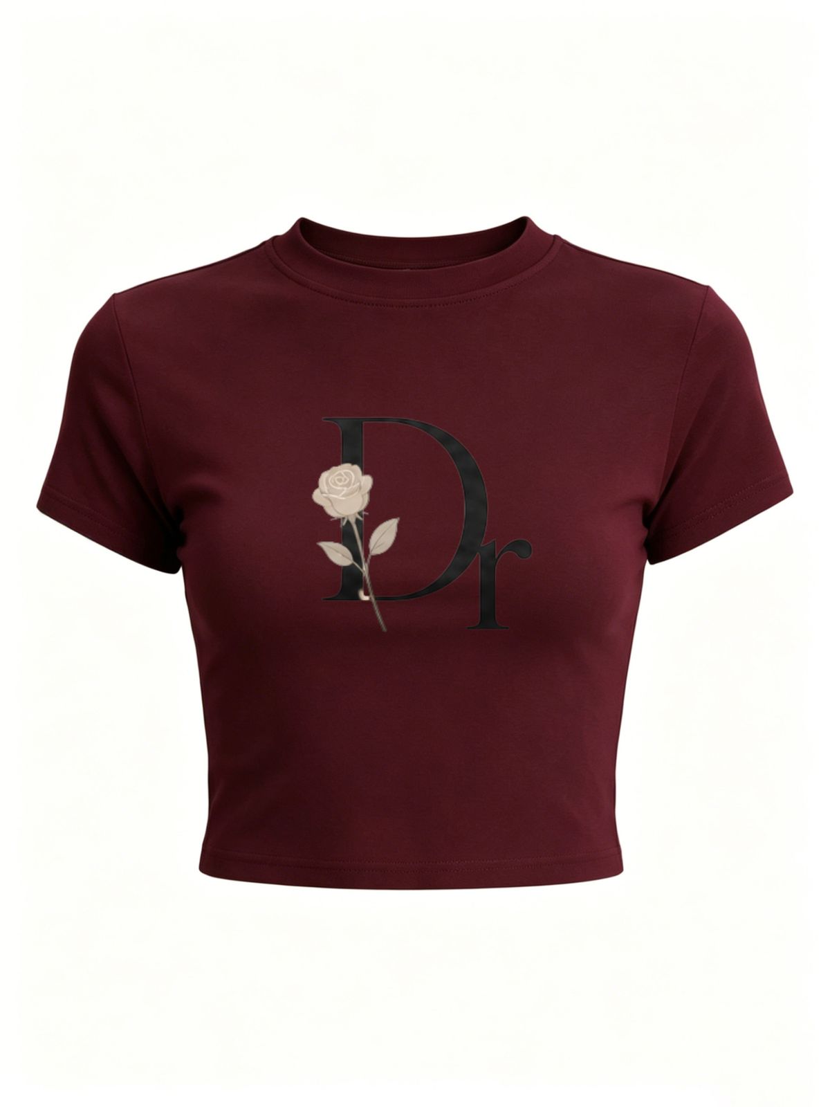 Ribbed Cropped T-Shirt With "Dr" Letter Print, High Waist Short Sleeve Basic Tee, Casual Daily Wear Top_ecoleips.com