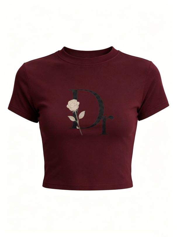 Ribbed Cropped T-Shirt With "Dr" Letter Print, High Waist Short Sleeve Basic Tee, Casual Daily Wear Top_ecoleips.com