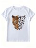 Trendy Dual Style Leopard Head Art Women T Shirt, Abstract Split Wild Feline Spot Print Round Neck Short Sleeve Aesthetic Daily Wear Tee_ecoleips.com