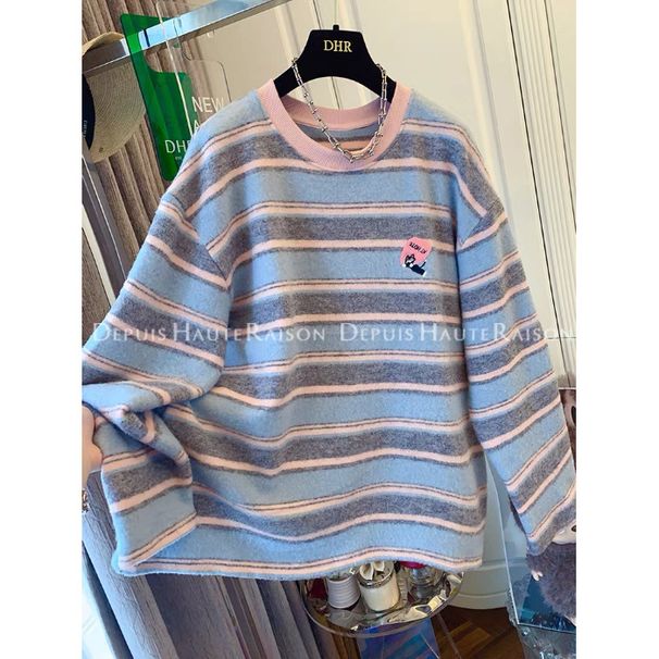 Plus-size Girl's High-end Color-block Striped Cartoon Sweatshirt For Women, Autumn Winter, College Style, Loose And_ecoleips.com