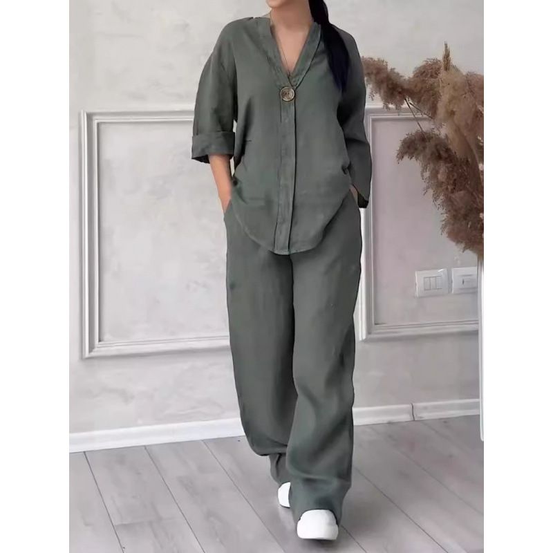 Women's Fashion Comfortable Loose Top Wide Leg Pants Cotton Linen Set Casual Clothing_ecoleips.com