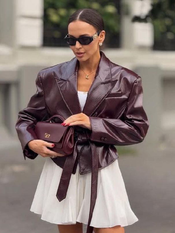 Trendy Belted Faux Leather Jacket With Glossy Finish, Streetwear Overshirt For Women & Men, Fall Fashion Outerwear (Dark Red)_ecoleips.com
