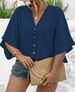 Curvy Women Solid Textured Jacquard V Neck Raglan Sleeve Button Down Blouse, 2025 Spring Summer Beach Vacation Shirt_ecoleips.com
