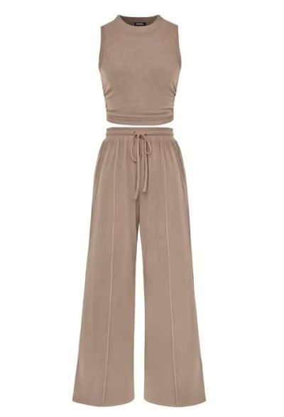 Women's Summer Knitted 2 Piece Set Sleeveless Vest And Elastic Waist Wide Leg Trousers Round Neck Design_ecoleips.com
