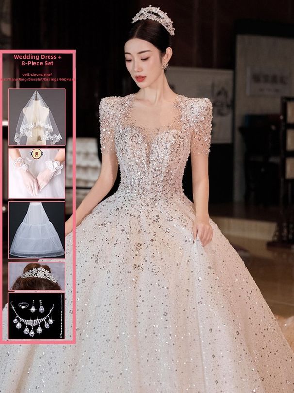 French Style Petite Princess Wedding Dress 2025 New Summer Short Sleeved Main Dress with Train High Quality_ecoleips.com