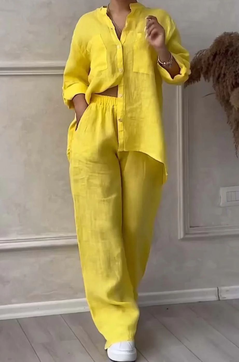European And American 2025 New Women's Clothing Solid Color Single Breasted Long Sleeved Shirt Two Piece Wide Leg Pants Lace Up Trousers For Women_ecoleips.com