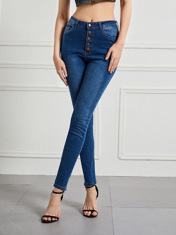 Women's Clothing Jeans Slim High Waist High Elastic Multi Button Skinny Trousers Large Size Women's Pants_ecoleips.com
