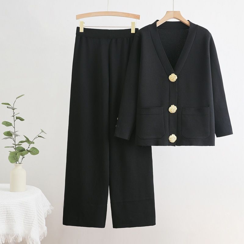 Cross new V neck single breasted metal button cardigan top wide leg pants knitted versatile two piece suit_ecoleips.com