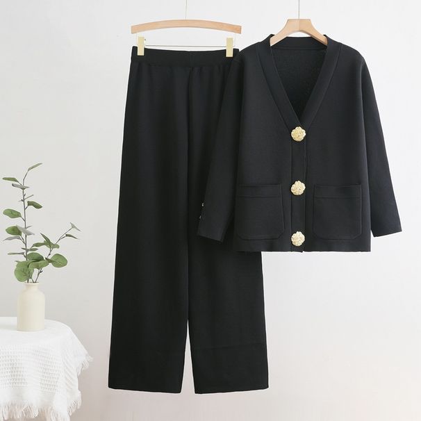 Cross new V neck single breasted metal button cardigan top wide leg pants knitted versatile two piece suit_ecoleips.com