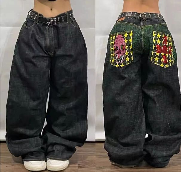 Women's Clothing High Street Personality Pattern Loose Straight Wide Leg Jeans_ecoleips.com