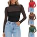 Women's Clothing New Solid Color Round Neck Mesh Splicing Perspective Long Sleeved Half High Collar Sexy Top_ecoleips.com