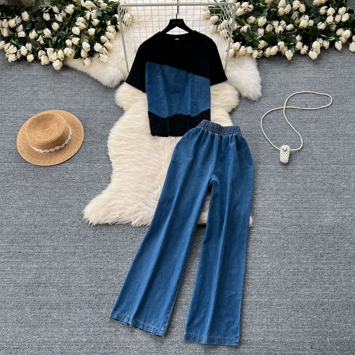 Women's Clothing Retro Design Versatile Contrast Color Short Sleeve T Shirt Top High Waist Casual Jeans_ecoleips.com