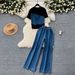 Women's Clothing Retro Design Versatile Contrast Color Short Sleeve T Shirt Top High Waist Casual Jeans_ecoleips.com