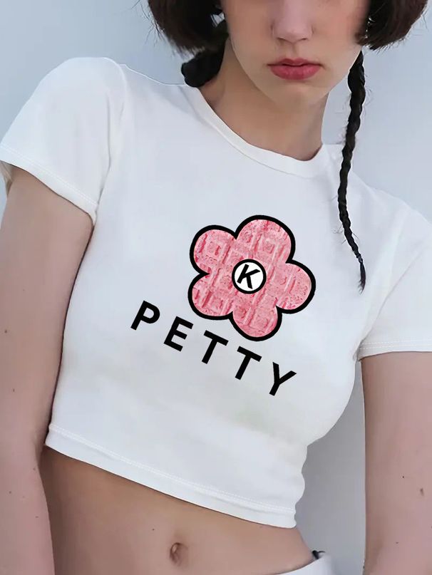 Qi Duo European And American Hot-Selling Women's Fashion Hot Girl Slim-Fit Crop Top Round Neck Short Sleeve Y2K Printed_ecoleips.com