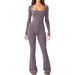 Women's Long Sleeved Jumpsuit Tummy Control High Elastic Wide Leg Square Neck Hip Lifting Cinching Waist Summer Jumpsuit_ecoleips.com
