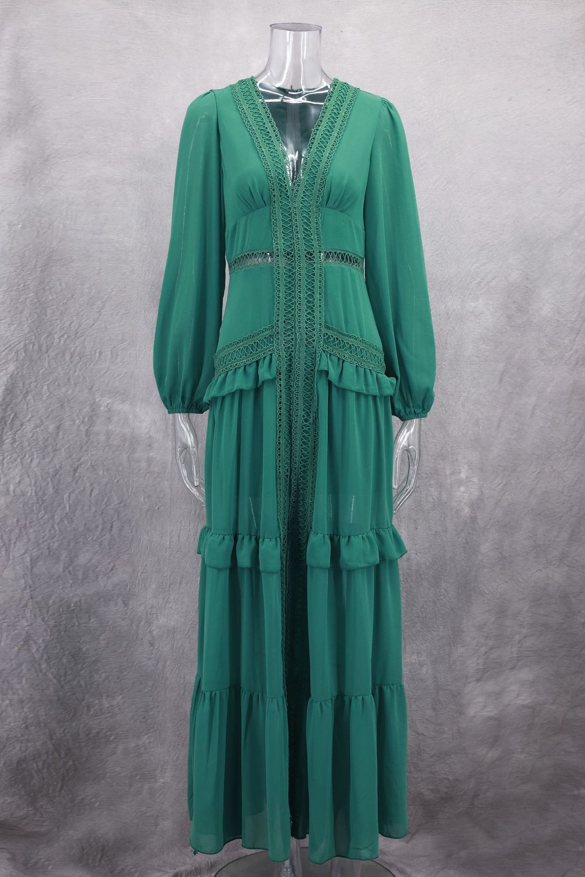 K Elegant Temperament, Patchwork Long Sleeved V-neck Dress, Women's Long Skirt_ecoleips.com