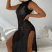 Vacation Sexy Solid Color Round Neck Sleeveless Breathable Knitted Long High Slit Dress Beach Sun Protection Blouse_ecoleips.com