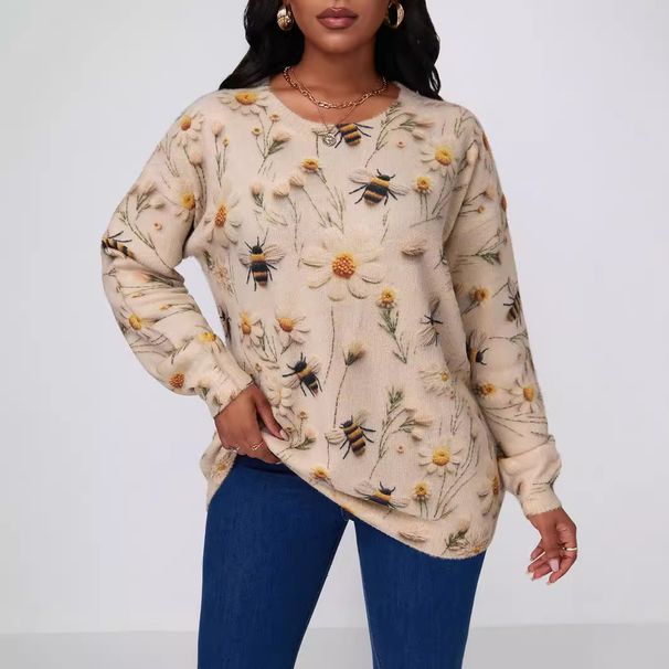 . Winter New Sweater Bee Print Plus Size Women's Top European And American Cross-Border Autumn Casual Loose Shirt_ecoleips.com