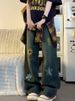 American Retro Plus-size Floral Embroidered Jeans For Women, Autumn Vintage-style Pa, Slightly Flared Straight-leg_ecoleips.com