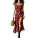 Floral Print Square Neck Slit Midi Dress With Ruffle Trim, Adjustable Spaghetti Strap Sundress For Vacation_ecoleips.com