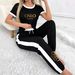 Women's Gold Gradient Letter Print Pant Set Casual Short Sleeve Crew Neck T-Shirt Top with Loose Wide Leg Pants Two-Piece Outfit_ecoleips.com