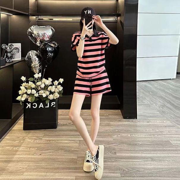Women's Summer Fashionable Casual Sportswear Set Pink Slimming Short Sleeved Top And Shorts Two Piece Set for Youthful Look_ecoleips.com