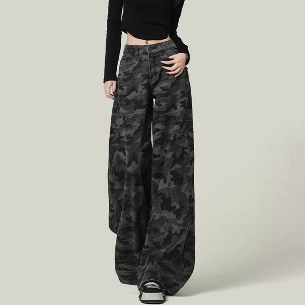 Spring/Summer Plus Size Camouflage High-Waisted Wide-Leg Jeans For Women 100kg Loose Fit Slimming Straight Pants_ecoleips.com
