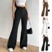 Women's Clothing High Waist Flare Pants For Women - Stretchy Wide Leg Trousers, Asymmetric Hem, Streetwear Fashion, Fall Outfit (Black/White/Brown)_ecoleips.com