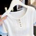 Women's Cable Striped Short-Sleeved Knit Top Lightweight Round Neck T-Shirt Loose Fit Slimming Ice Silk Top For Spring/Summer_ecoleips.com