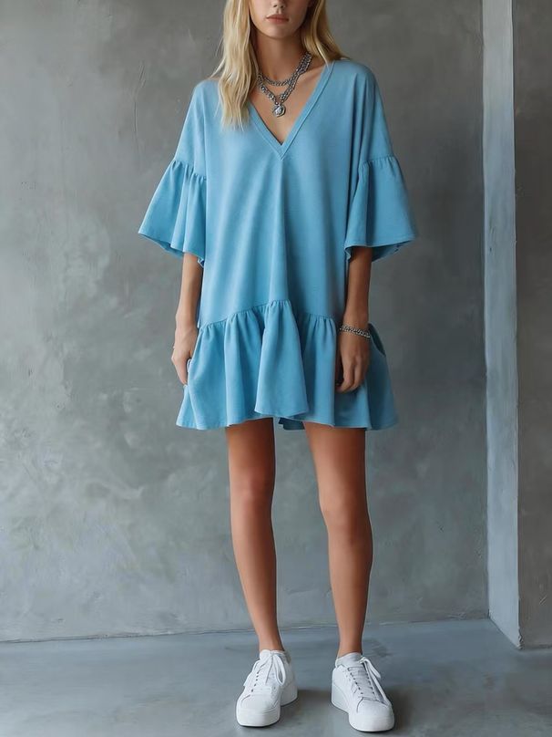 Women's Clothing Summer Ruffled V Neck Solid Color Loose Short Skirt American Style New_ecoleips.com