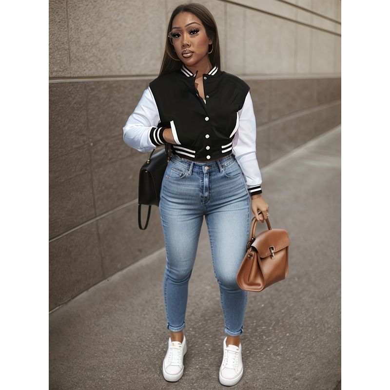 Women's Color Block Jacket Autumn Single Breasted Letter Baseball Sports Outerwear_ecoleips.com