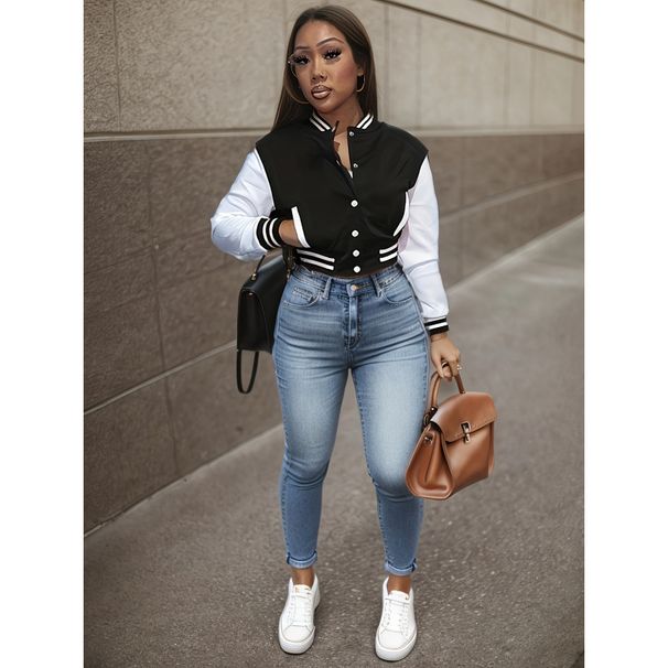 Women's Color Block Jacket Autumn Single Breasted Letter Baseball Sports Outerwear_ecoleips.com