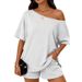 Summer 2 Piece Women's Fashionable Casual TK Clothing Set Asymmetrical Neck Top And Shorts European And American Style Export_ecoleips.com