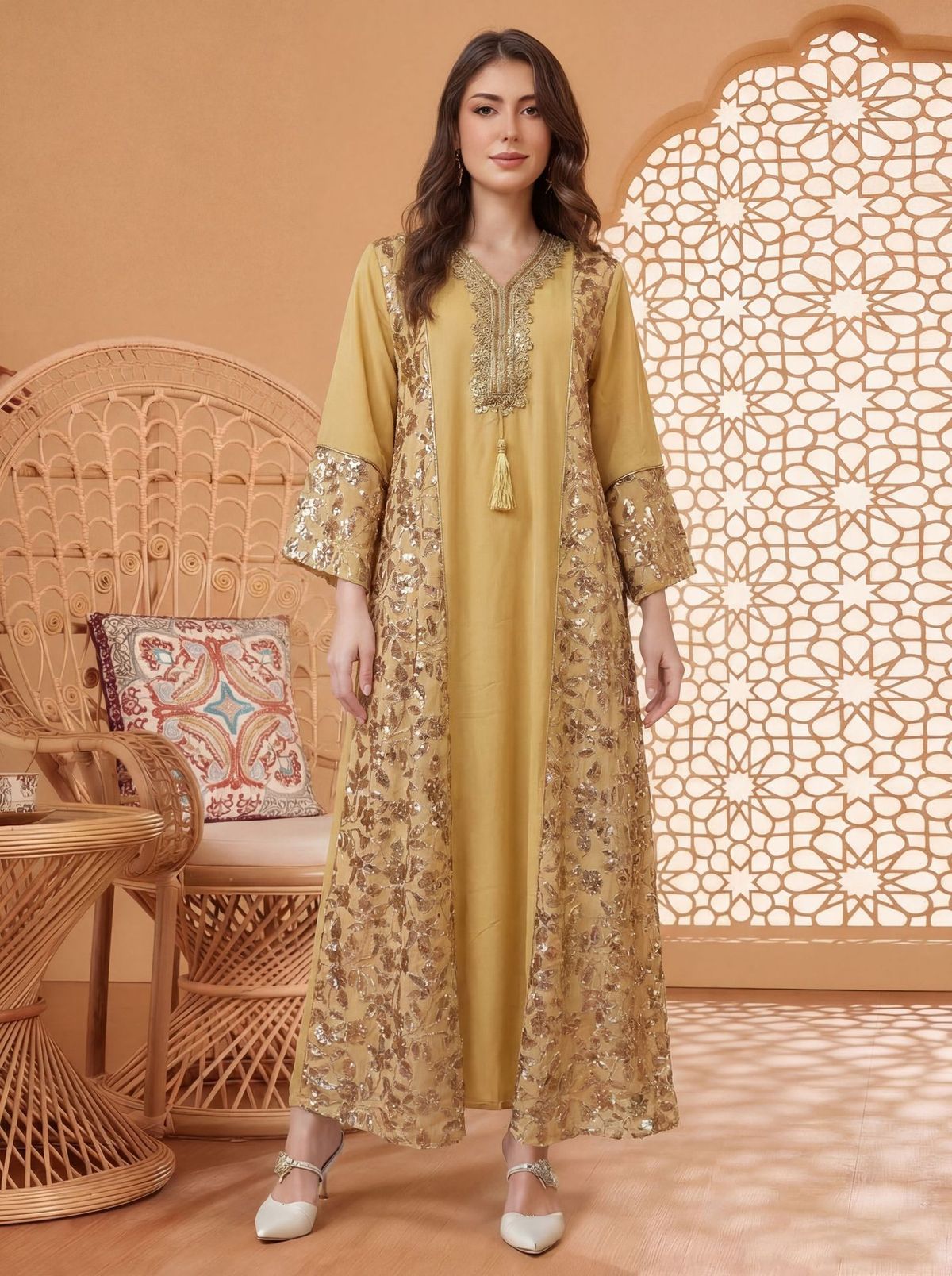 Middle Eastern Women's Muslin Dress Dubai Robe Abaya Arabian Attire Malaysian Women's Clothing Polyester_ecoleips.com