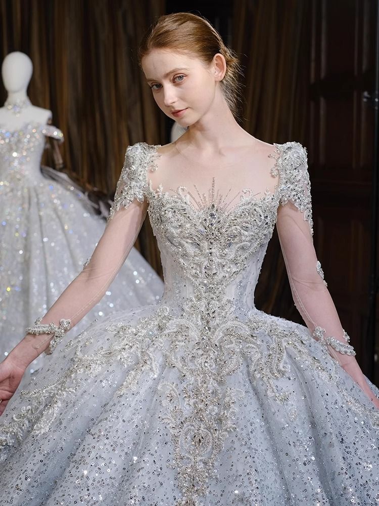 Court-Style Wedding Dress | Luxury Princess Ball Gown With Long Train | High Waist A-Line Bridal Gown | Lace Long Sleeves | XS-XXL_ecoleips.com