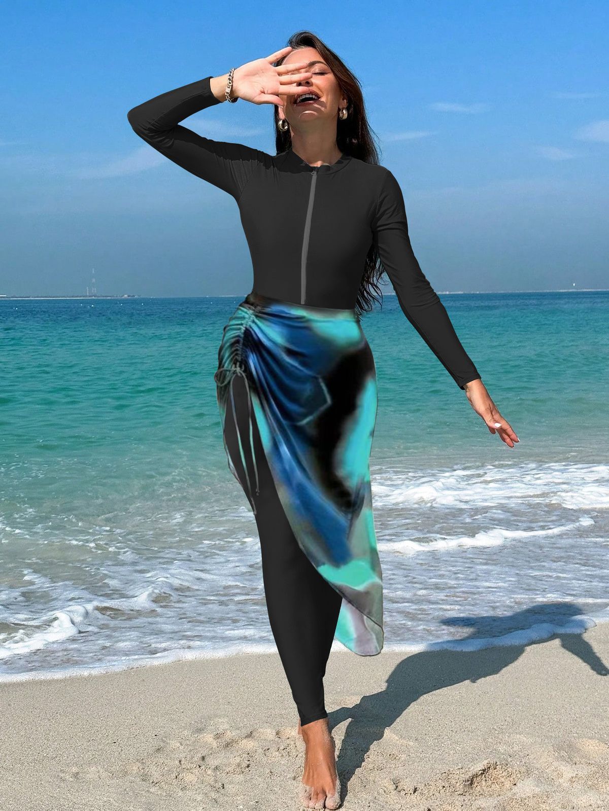 Muslim Swimsuit Conservative Long Sleeve Thermal Spring Swimsuit Women's One Piece Swimwear With Skirt Zipper Design Fashionable_ecoleips.com