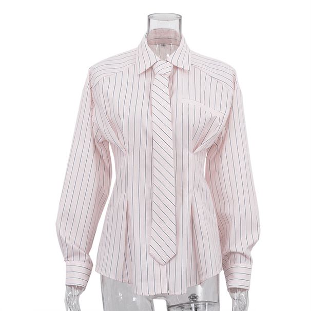 K Temperament Commuter Printed Striped Shirt Women's New Style Collar Long Sleeve Tie Design Sensation Concealed Waist Shirt_ecoleips.com