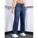 Women's Stretch Washed Denim Straight Leg Jeans With Drawstring Waist - Comfortable Casual Blue Jeans For Everyday Wear_ecoleips.com