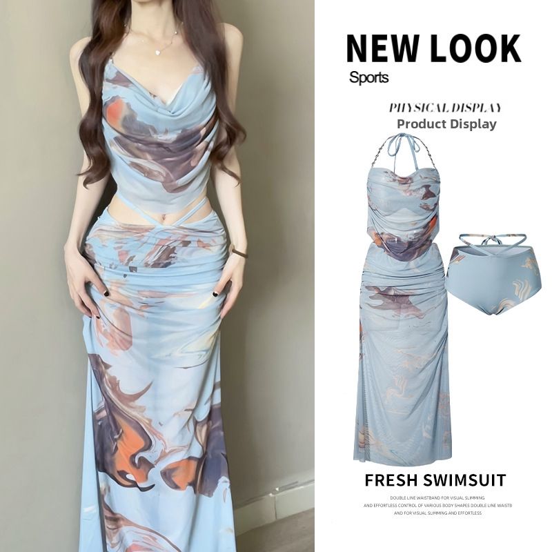 Women's Sexy Three Piece Bikini Swimsuit Set Push Up Bra Underwire Beach Vacation Long Dress Hot Spring Swimwear_ecoleips.com
