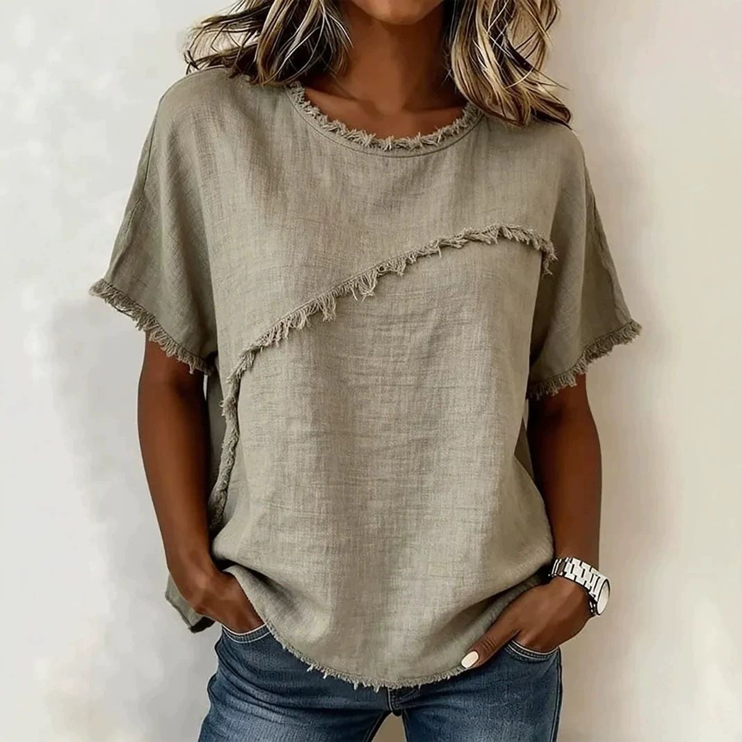 Women's Round Neck Casual Top With Trim Panels Cotton Linen Blend Short Sleeved Summer Top American Style_ecoleips.com