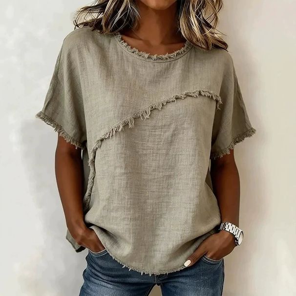 Women's Round Neck Casual Top With Trim Panels Cotton Linen Blend Short Sleeved Summer Top American Style_ecoleips.com