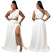 Women's Large Size Two Piece Suit Solid Color Oblique Shoulder Sexy Hip Wrapped Split European American Style_ecoleips.com