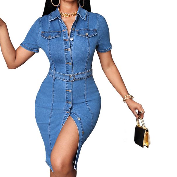 Women's Retro Slim Fit Denim Dress Elastic Mid-Length Button Down Bodycon_ecoleips.com