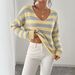 Women's V Neck Color Blocked Striped Pullover Sweater Drop Shoulder Short Long Sleeves Autumn Winter Style European American Cross Border Clothing_ecoleips.com